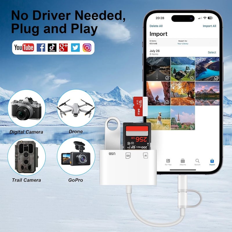 Denlane SD Card Reader for iPhone iPad Mac, USB C and Lightning Dual Interface Memory Card Reader, Digital Camera Adapter to iPhone SD Card Viewer with SD/Micro SD/USB-A 3 Slot, No App Plug and Play - Image 5